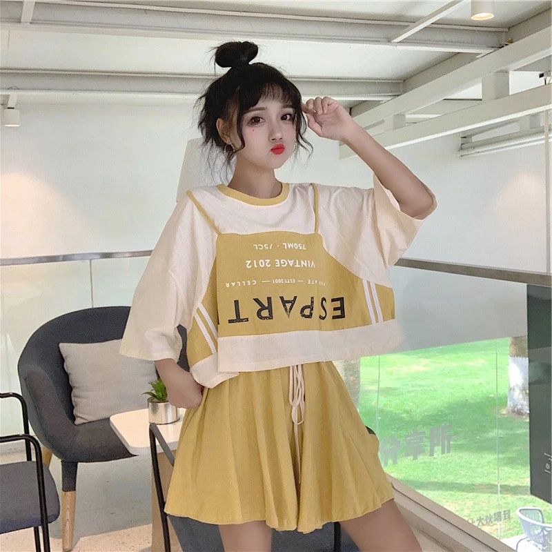 

2020 New Style Summer Women Fashion Ins Cotton Letter Print Mini Skirt Short Sleeve O-neck T-shirt Harajuku Korean Style Suits