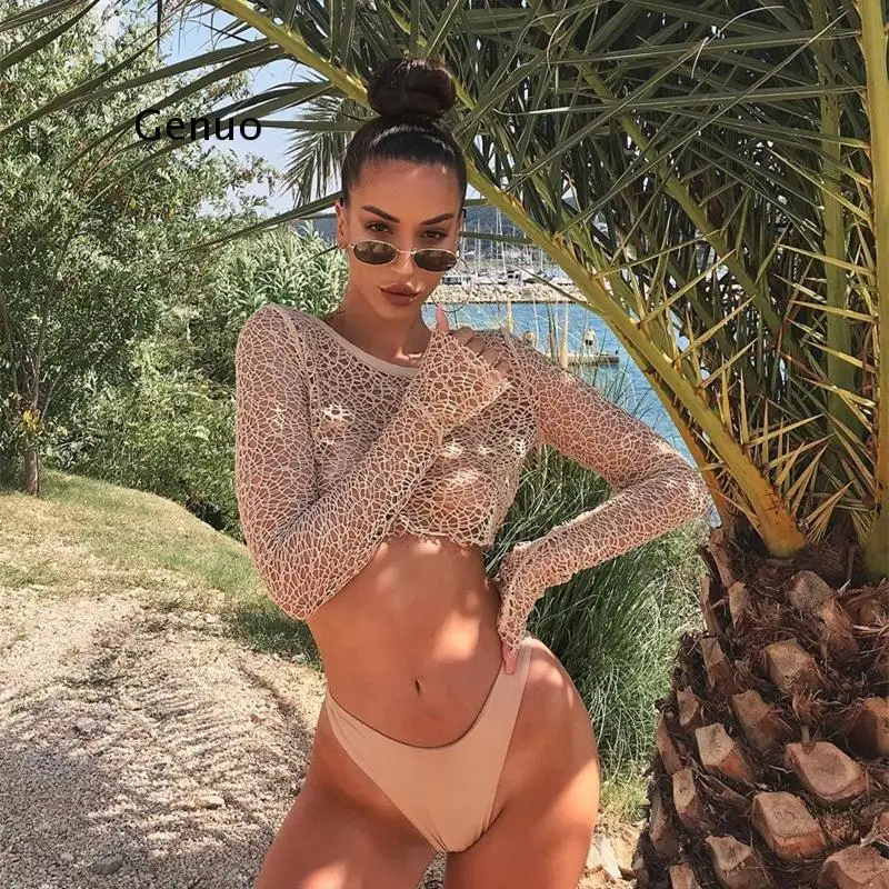 

Long Sleeve Crop Top Women Sexy Cut out See Through Crewneck Solid Color T Shirt Ladies Fashion Summer Beach Party Wear