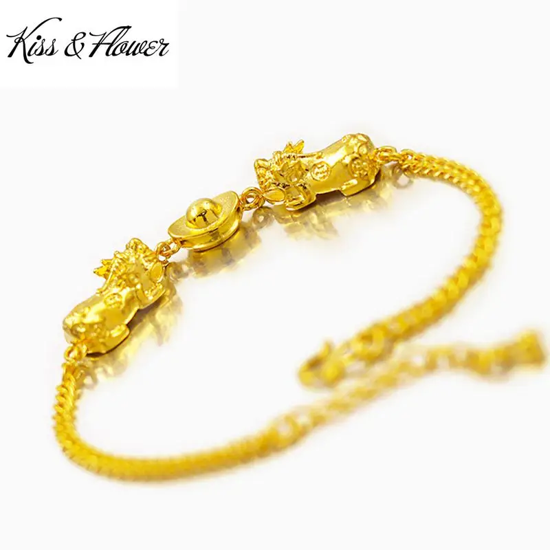 

KISS&FLOWER BR137 Fine Jewelry Wholesale Fashion Woman Birthday Wedding Gift Exquisite PIXIU Ingots 24KT Gold Chain Bracelet