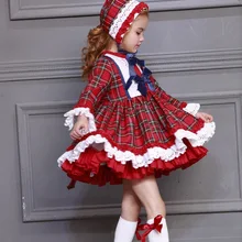 Осенне-зимнее винтажное бальное платье принцессы в клетку с испанскими помпонами для маленьких девочек, 3 предмета рождественское праздничное платье в стиле Лолиты со шляпой и штанами, носки