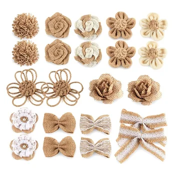 

22 Pieces Burlap Flower Burlap Rose Bow Ribbon Lace Canned Wedding Craft Project Decoration