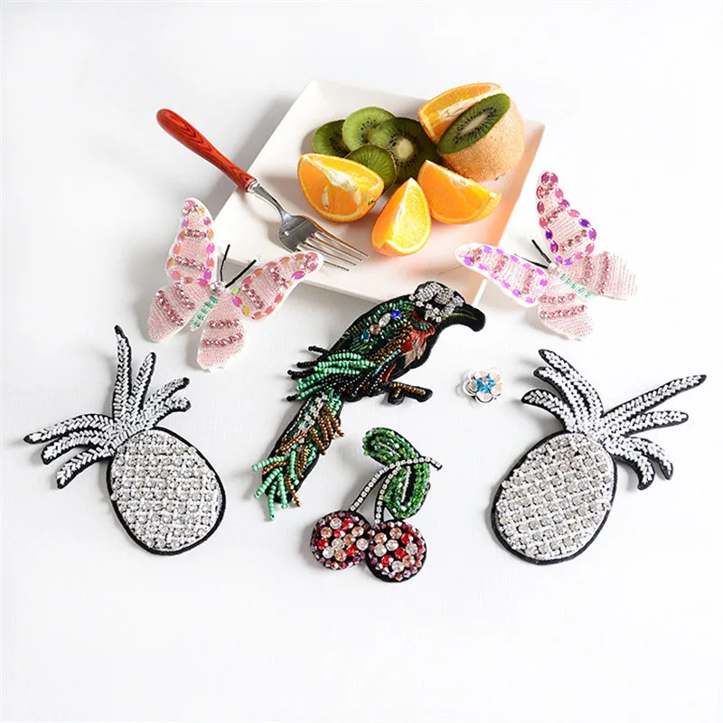 

1 Piece Fashion Beads Peacock Pineapple Cherry Butterfly Patch Birds Animal Decorative Patch Large DIY Applique