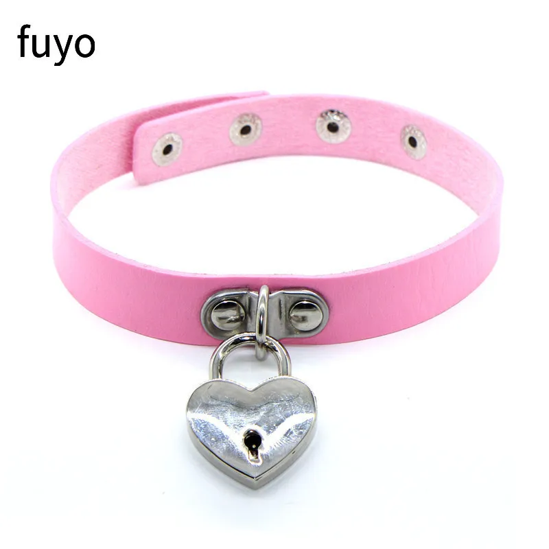 2025 Pink Heart Lock Choker Necklace PU Leather Punk Rock Gothic Jewelry Party Necklace 3