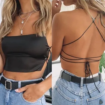 

Women Camis Crop Top Sexy Backless Strapless Shoulder Off Vest Camisole Double Anti-transparent Strap Satin Women Camis Famale