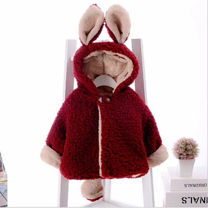 CYSINCOS/Зимний Детский коралловый шерстяной свитер; пальто из флиса и бархата; утепленная одежда с капюшоном и большими ушами для девочек; парки - Цвет: dark red
