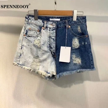 

SPENNEOOY Designer Custom Runway Summer Women Fashion Streetwear Loose Denim Shorts Ladies Colorblock Tassel Hole Jeans 2020
