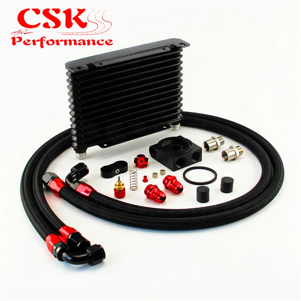 10AN 32MM 13 Rows Universal Engine Oil Cooler+73 degree Thermostat Sandwich Plate kit Black |