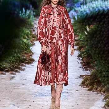 

2020 New Fashion Autumn Printed Midi Dress Vestidos Long Sleeve O-neck High Waist Belt Celebrity Club Party Runway Dress