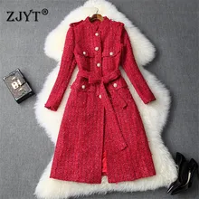 Новинка, модная зимняя женская куртка, подиум, модный длинный рукав, шнуровка, твидовые шерстяные куртки и пальто, Длинная шерстяная верхняя одежда