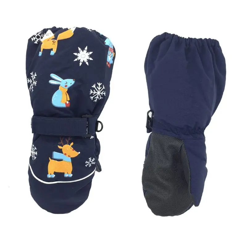 Новые Зимние Детские утепленные лыжные перчатки с рисунком оленя и кролика детские ветрозащитные водонепроницаемые Нескользящие варежки с длинными рукавами - Цвет: Тёмно-синий