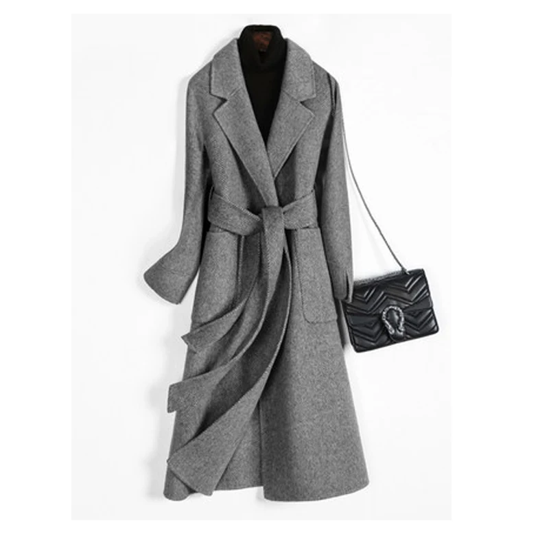 Женское шерстяное пальто с поясом Элегантное длинное для офиса Осень зима