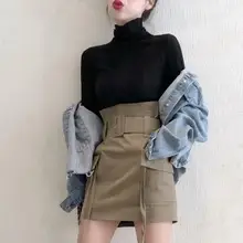 Harajuku Новая модная облегающая короткая юбка с поясом и карманами в Корейском стиле, сексуальные женские мини юбки уличная LJ358
