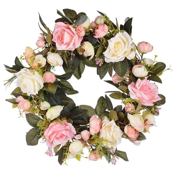 

Artificial Rose Floral Twig Wreath, 13.7 inch Handmade Silk Rose Flower Door Wreath with Green Leaves, Vintage Artificial Flower