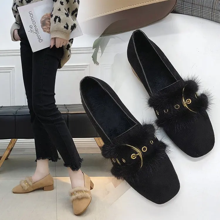 

Buckle Flock Square Heel Women Basic Low Heel Pumps Solid Shallow Casual Slip-On Single Shoes Round Toe Fashion Ladies Pumps