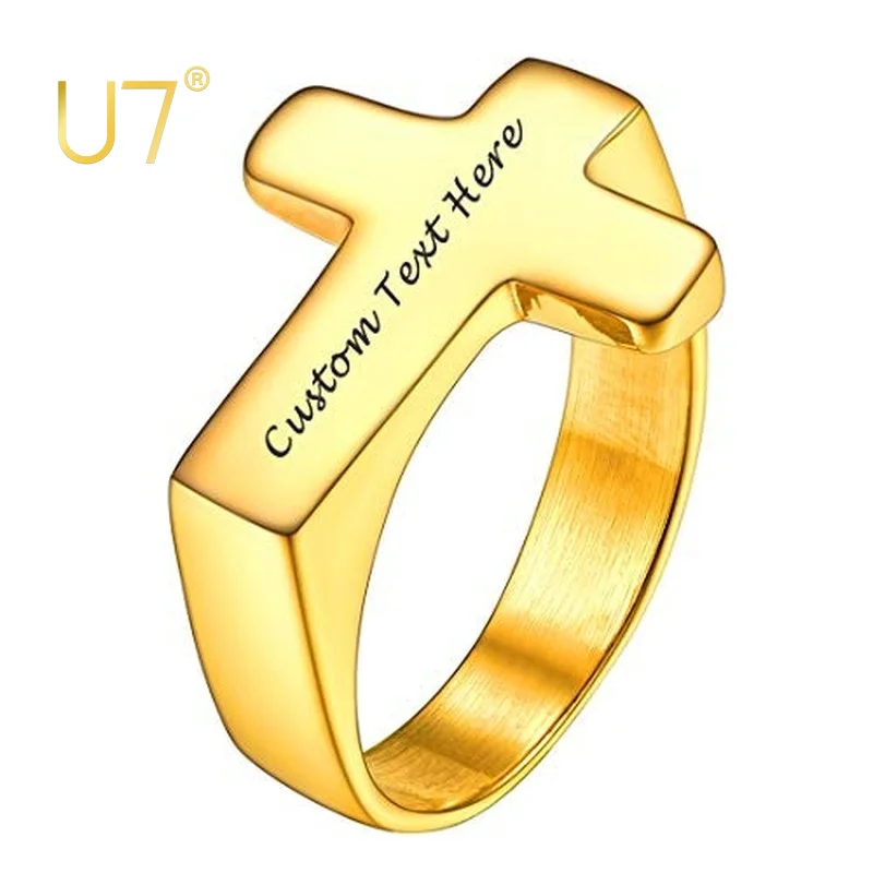 U7 Men Rings Statement Signet Cross Band Ring Gold Color Solid Polished Biker Rings Custom Message Text