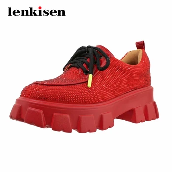 

Lenkisen preppy style rhinestone bling thick bottom platform vulcanized shoes round toe lace up energy lady modern sneaker L23