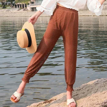 

Pants Women Summer Trendy Korean Style Loose Breathable Pleated All-match Simple Elastic Waist Casual Lace Solid Womens Trousers