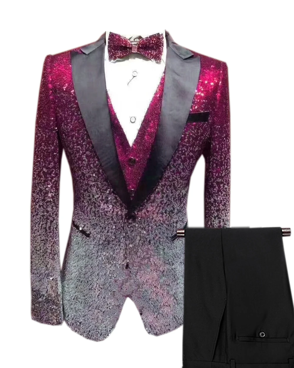Fuchsia-Silver Мужской костюм из 3 предметов с блестками, смокинг с отворотом, блейзер для свадьбы, жениха, Бургундия, золото, серебро, Королевский(Блейзер+ жилет+ брюки - Цвет: Fuchsia-Silver
