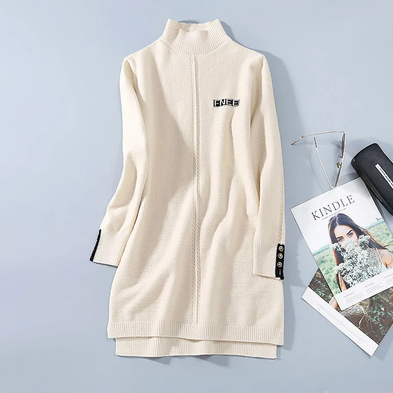 

Sweater Winter Women's Loose Turtleneck Solid Color Stitching Fashion Long-sleeved Knitted Long Sweater Female
