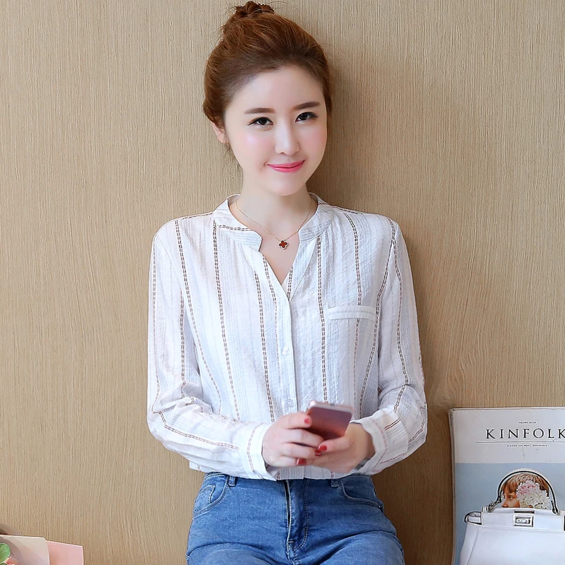 Vertical Striped Female Shirt Long Sleeve V-neck Elegant Temperament Chiffon Blouse Women Casual Loose White Lady Tops 2020 New