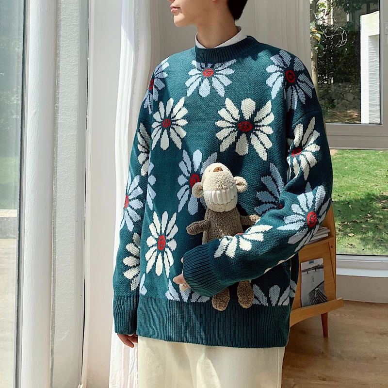 

Men's sweater 2019 autumn and winter new loose thick flower sweater couple student sweater young people fashion men's clothing