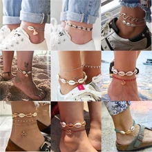 Docona 16 стильная Морская раковина, кулон с цепочками, многослойные ножные браслеты для женщин, пляжный, бохо, веревка, Подвески, браслет на ногу, ювелирное изделие