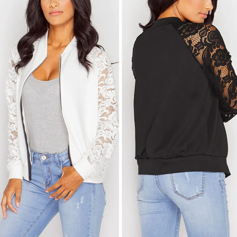 

Women Casual Round Neck Jacket Long Sleeve Lace Suit Slim Solid Color Zip Jacket QL Sale