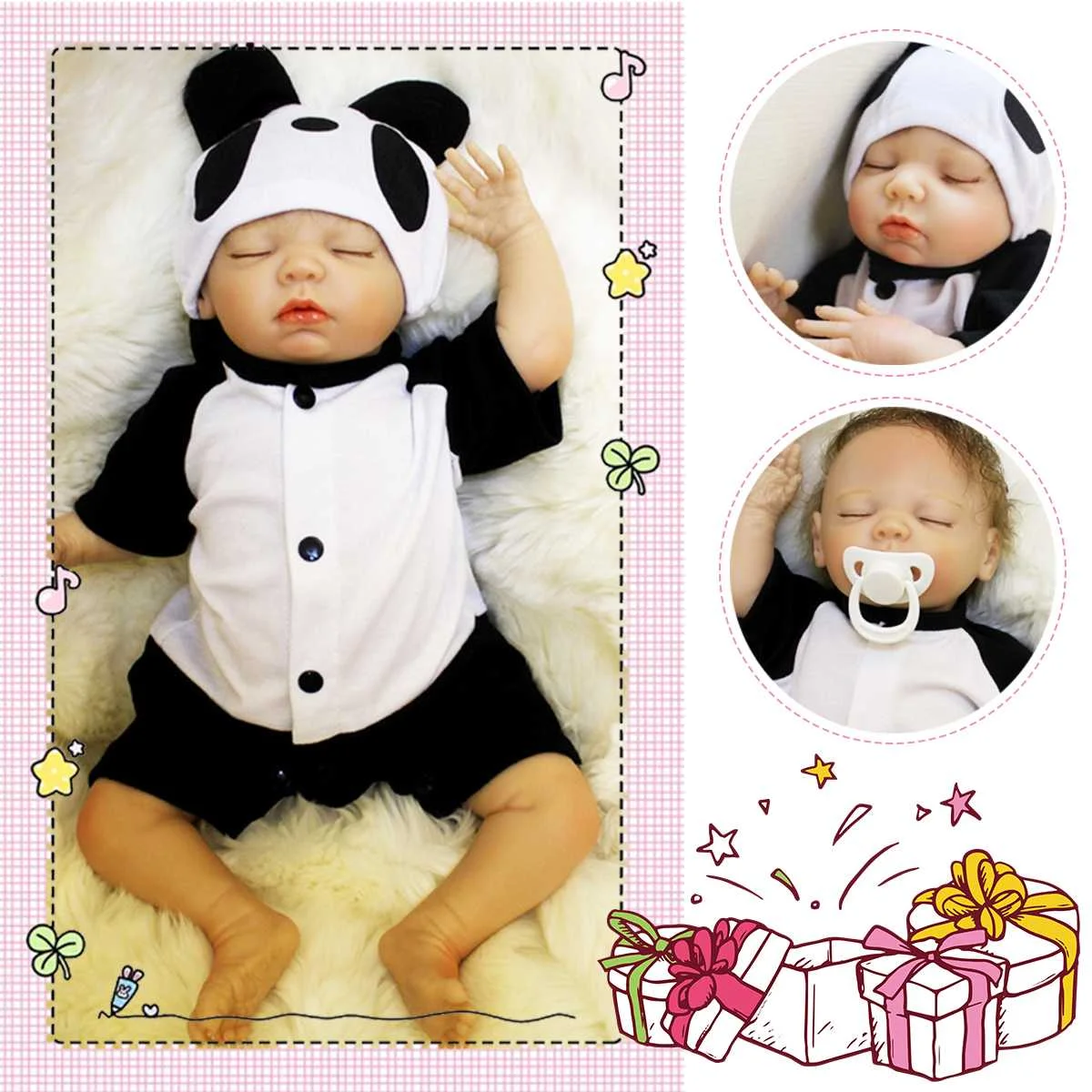 

18-inch 45CM Soft Silicone Vinyl Real Life Panda Lovely Girl Boy Reborn Baby Newborn Baby Doll Birthday Christmas Gifts