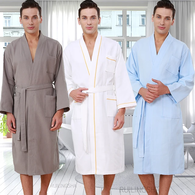Men 100% Cotton Towel Bathrobe Suck Water Kimono Plus Size Bath Robe Waffle  Hotel Sleepwear