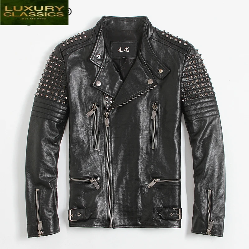 

Genuine Leather Jacket 100% Men Rivet Motociclista Biker Real Cow Leather Coat Man Fashion Streetwear Fit Chaqueta 1665