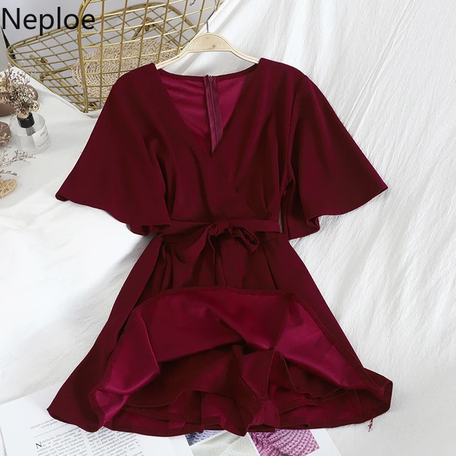 Neploe 2021 Solid V Neck Women Jumpsuit Fashion Korean Short Sleeve Lace Up Playsuit Casual High Waist Wide Leg Bodysuit 81272 4