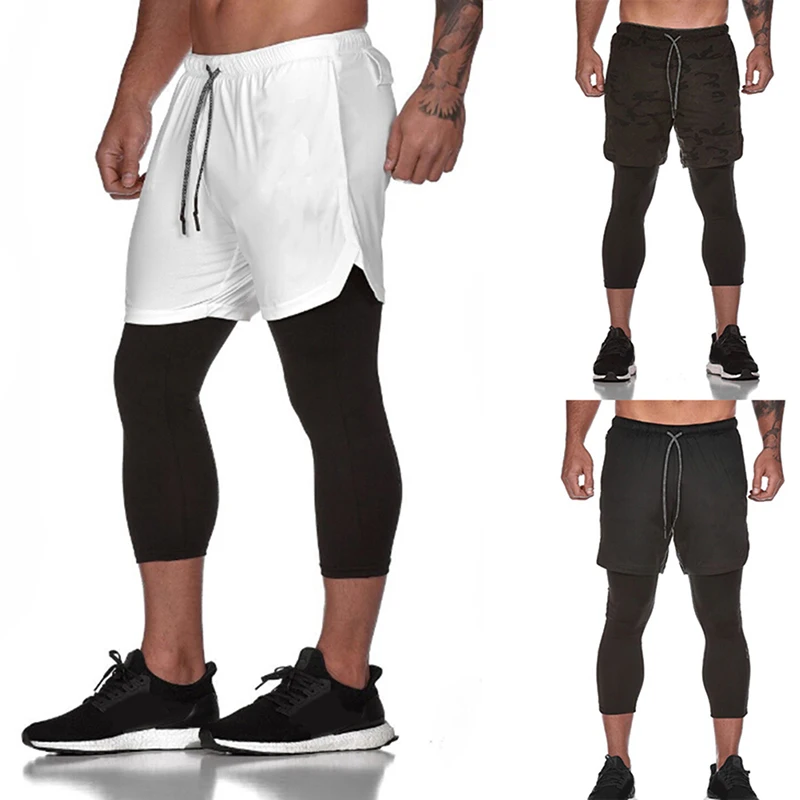 Спортивные Мужские штаны для спортзала, фитнеса, обтягивающие эластичные штаны для бега, быстросохнущие леггинсы 2 в 1, мужские легинсы длиной до щиколотки, легкие