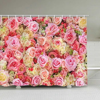 

Beautiful Red Rose Peach Blossom Flower Shower Curtain Fabric Waterproof Polyester Bath Curtain With Hooks 180X200