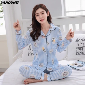 

2019 Autumn Cotton Striped Pajamas Sets For Women Long Sleeve Pyjama Cute Girls Cartoon Homewear Femme Lounge Wear Home Clothing
