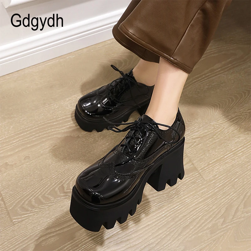 Gdgydh Spring Summer British Walker Shoes Women Patent Leather Platform Shoes High Platform Chunky Heel Pumps Big Size Wholesale