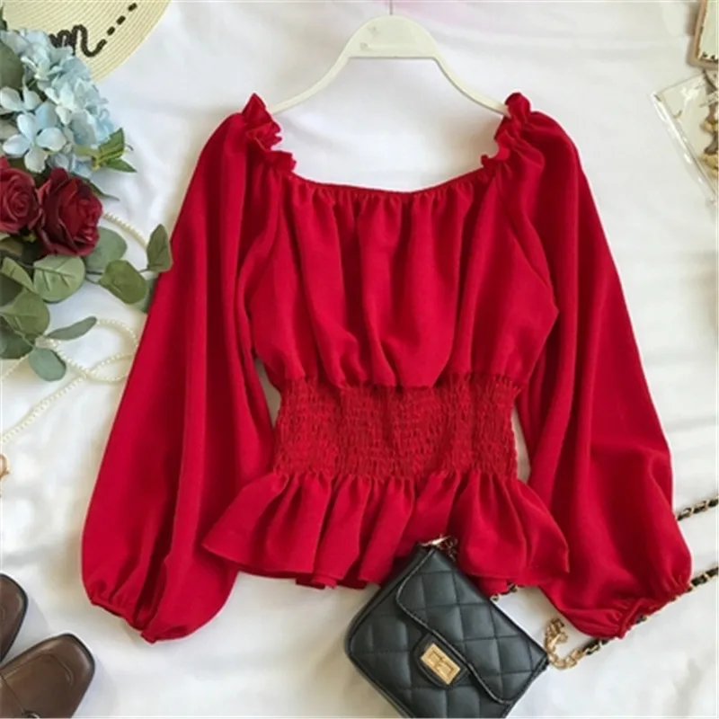 2020 Autumn Chiffon White Blouse Shirt Off Shoulder Crop Top Long Sleeve Blouses Ruffles Solid Sexy Blusa Mujer Black Tops 5