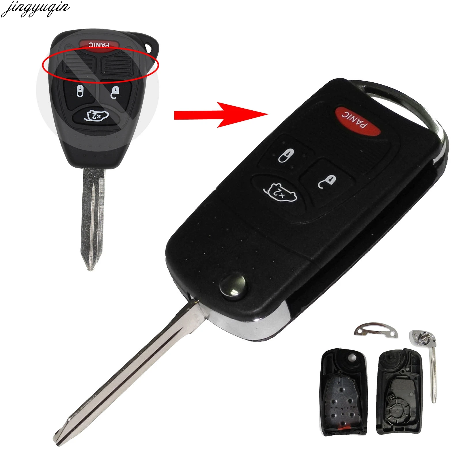 Jingyuqin Remote Flip Car Key Shell 3+1 Panic 4 Buttons For Chrysler Sebring Pacifica Dodge Avenger Nitro Jeep Wrangler Liberty