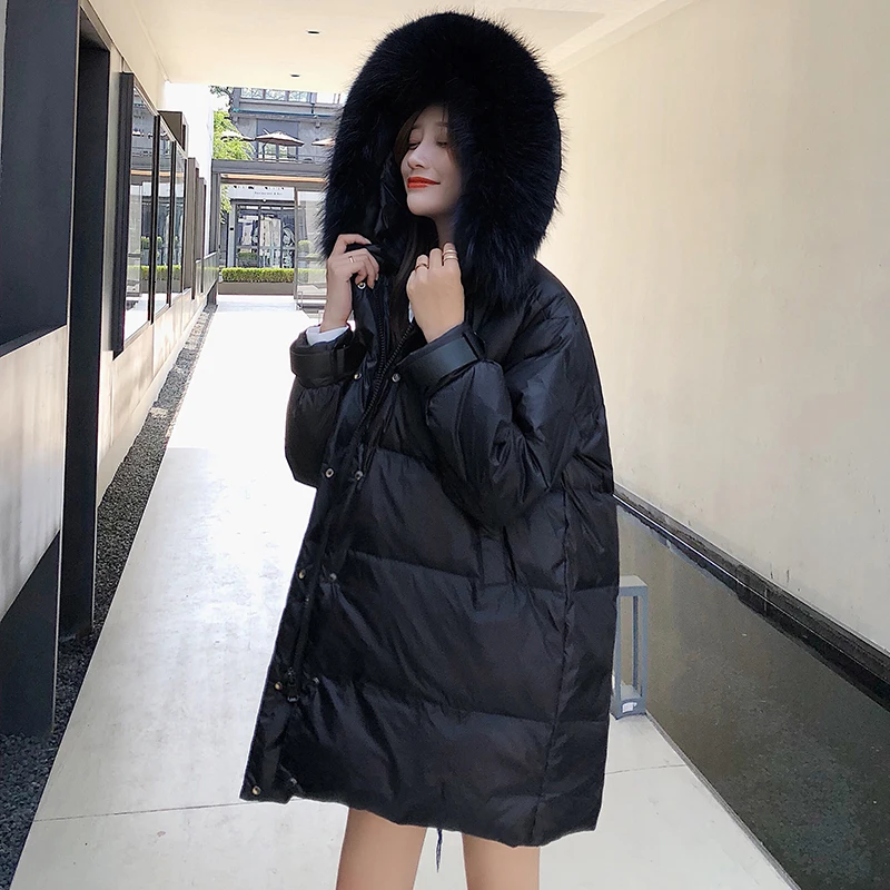 Черное повседневное пуховое пальто Трендовое женское зимнее теплое пуховое пальто с капюшоном пальто с натуральным мехом женское стеганое плотное пальто