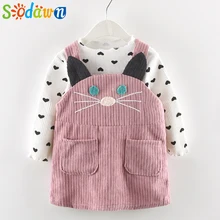 Sodawn/осенние комплекты одежды для маленьких девочек Хлопковые вязаные топы с длинными рукавами и платья на бретелях с милым котиком детская одежда из 2 предметов