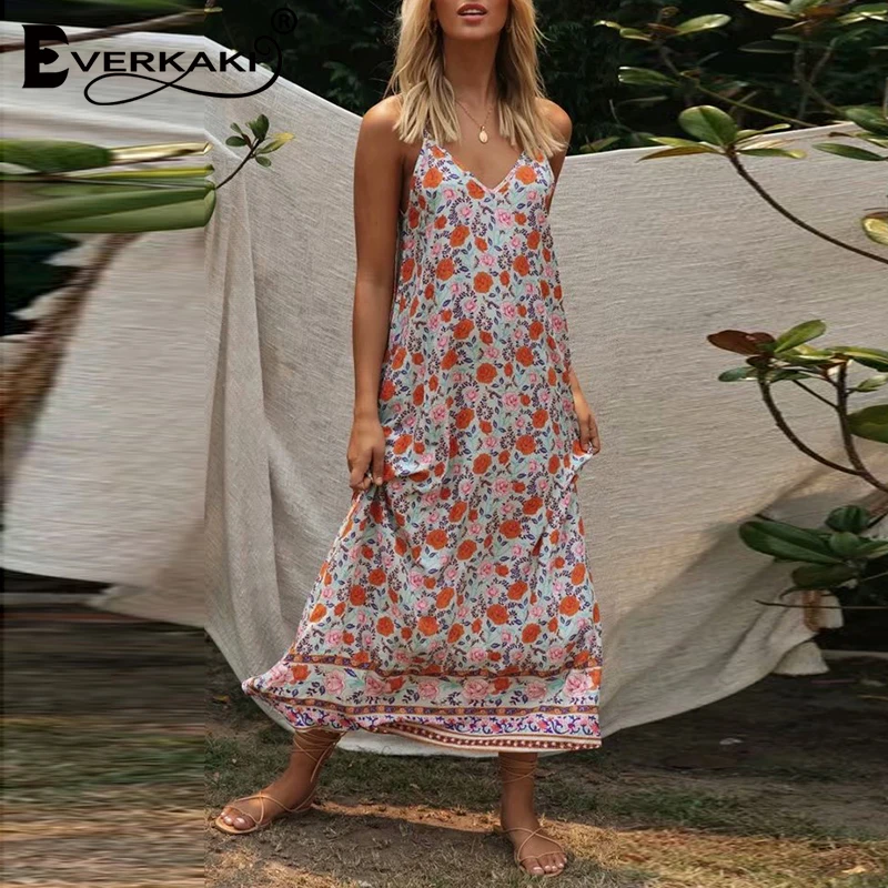 Everkaki Boho Цветочный принт женское платье с открытой спиной Vestido Дамская винтажная
