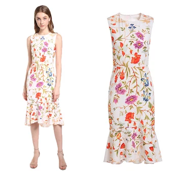 

New Flower Printing Lotus Leaf Edge Fishtail Sleeveless Irregular Medium length Tide
