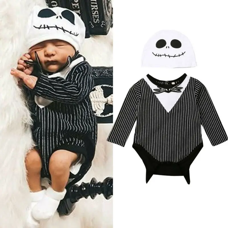 

Emmababy Newborn Baby Boy Halloween Costume Striped Bat Romper Long Sleeve Jumpsuit Ghost Hat Clothes Set