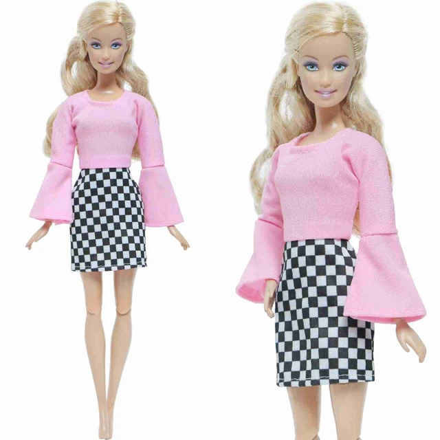 Plaid Clothes Barbie Doll, Pink White Barbie Dress