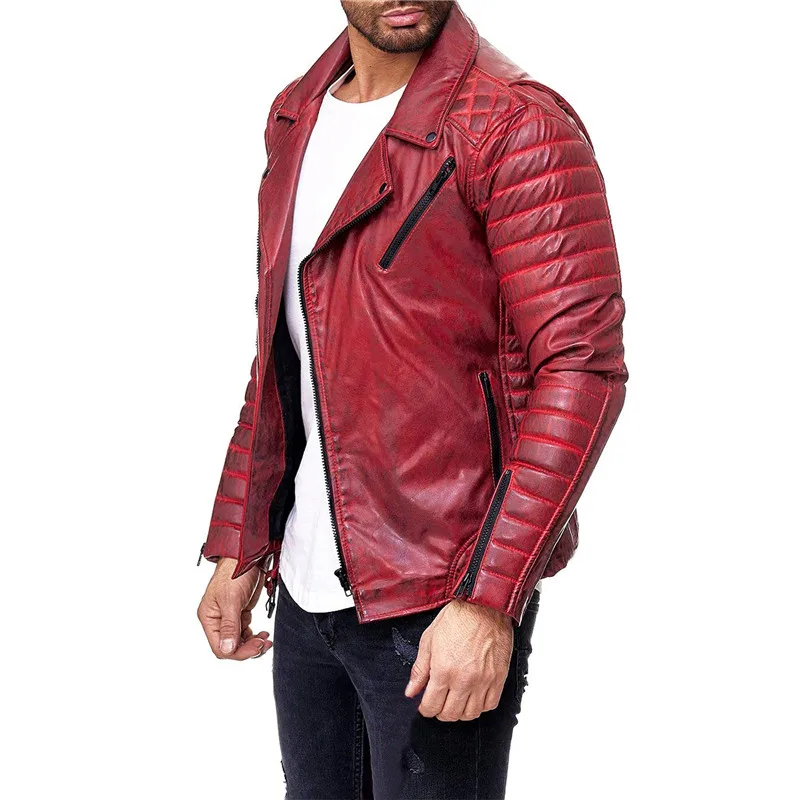 Chaquetas de cuero de motocicleta para hombre, abrigos de cuero sintético con cremallera, color rojo, a prueba de viento, 2021