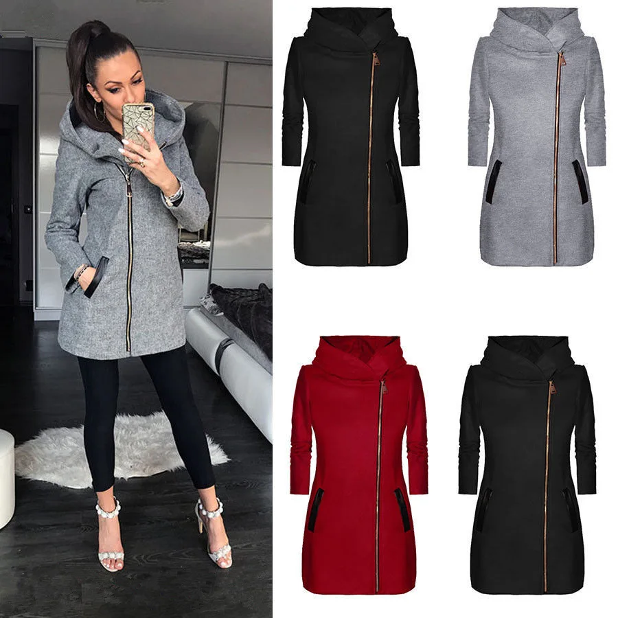 

cross-border fashion side zipper hooded jacket fleece and wool coat