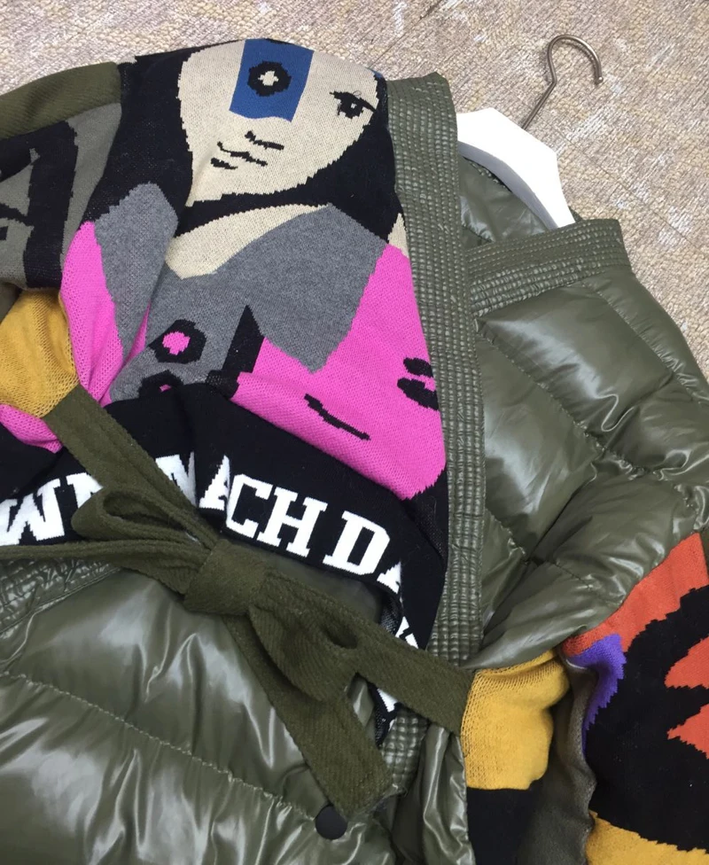 Женское пальто зима мультфильм абстрактный узор вязаный ремень со строчкой теплое хлопковое пальто для женщин