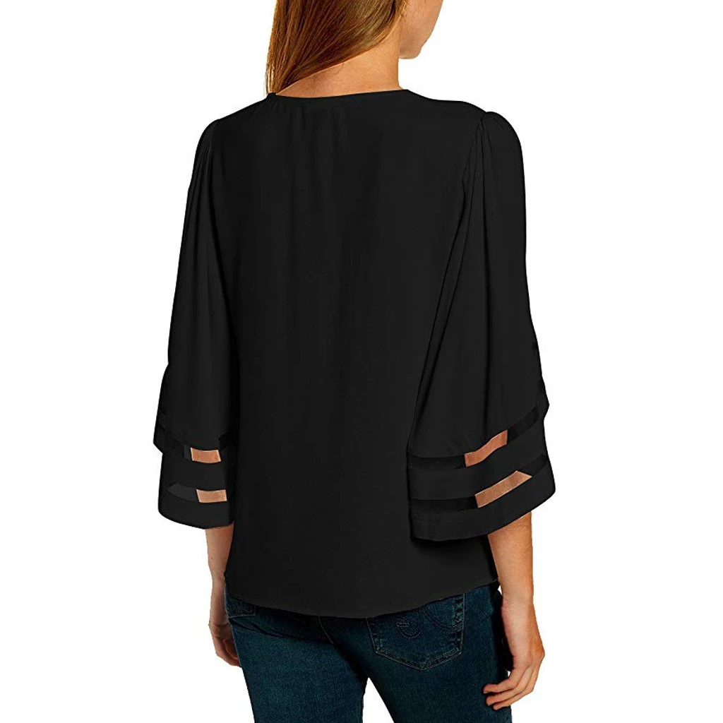JAYCOSIN Fashion Loose Blouse Female V Neck Mesh Panel Blouses 3/4 Bell Sleeve Casual Loose Blouse Patchwork Ladies Girls 802
