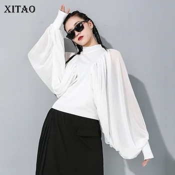 

XITAO Pleated Plus Size T Shirt Fashion Perspective Lantern Sleeve Full Sleeve Elegant Small Fresh Spring Chiffon Tee XJ2980