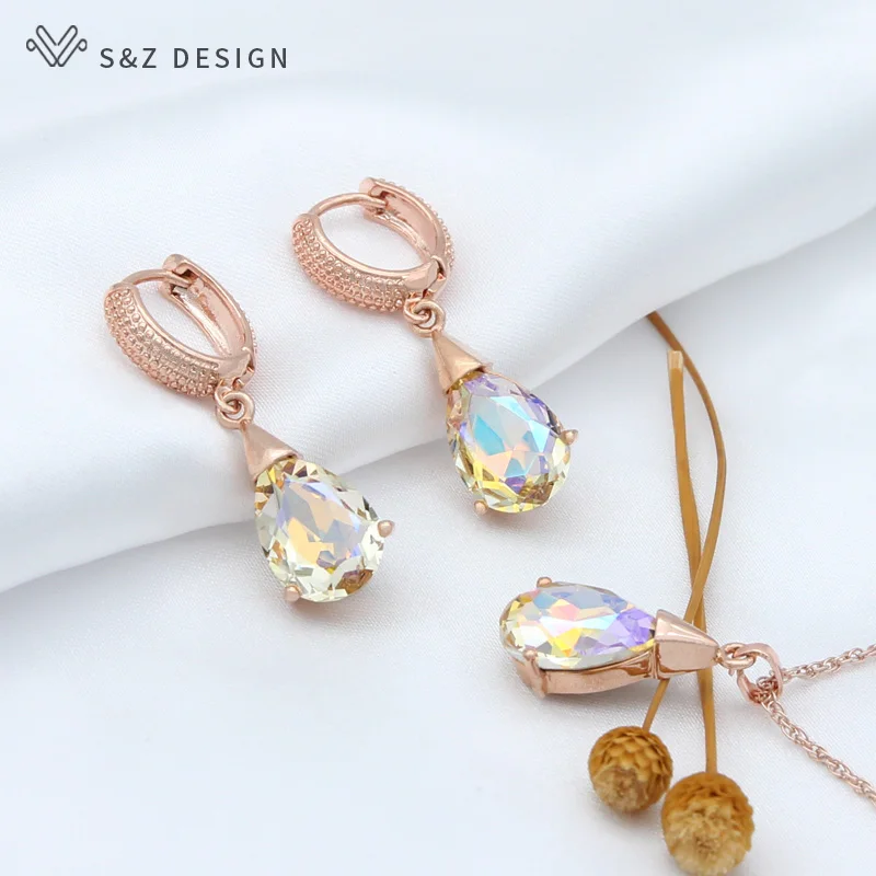 S&Z DESIGN New Fashion 585 Rose Gold Color Water Drop Crystal Dangle Earrings Jewelry Sets For Women Pendant Necklace Gift