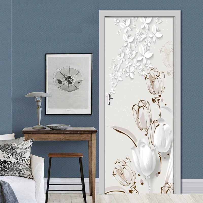 Door Sticker Mural DIY Decals Creative Vintage Flower PVC Wallpaper Self Adhesive For Renew Print Art Pictures Home Decoration
